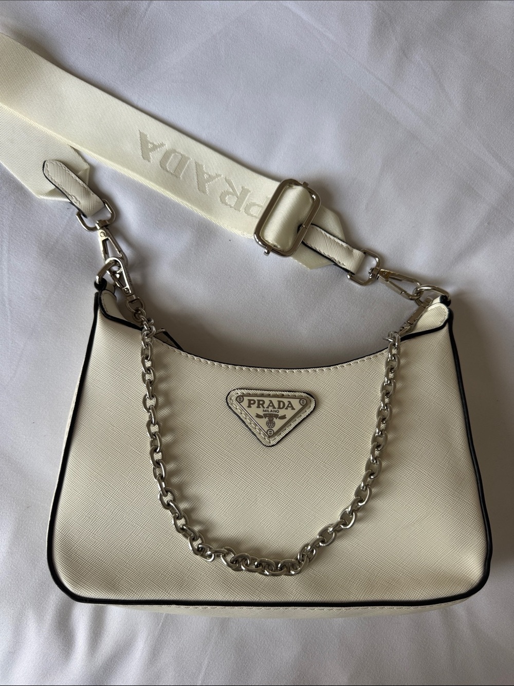 Cream Saffiano Shoulder Bag with Silver Chain and Strap